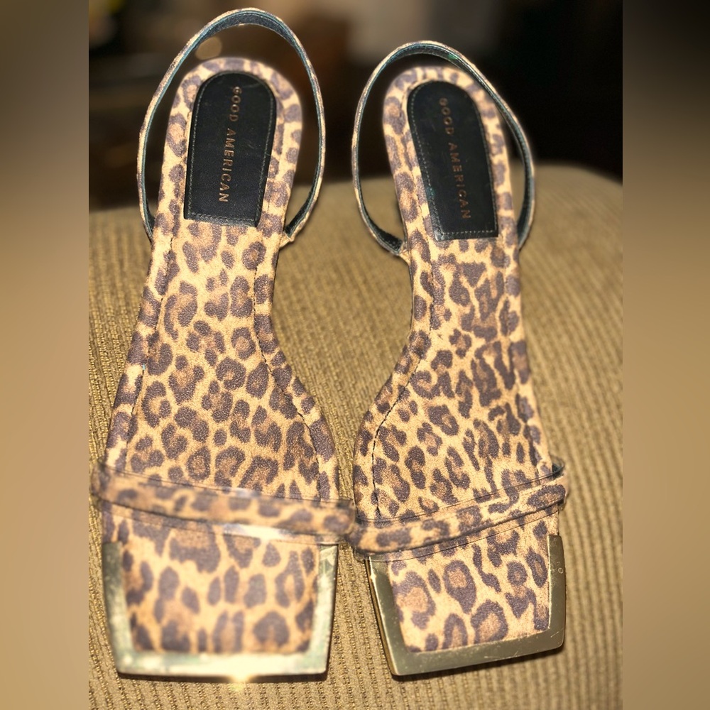 Good American Leopard Print Square Toe Slingback Low Heeled Sandals